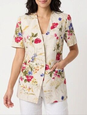 Vintage Braemar Petites Short Sleeve Floral Linen Look Blazer